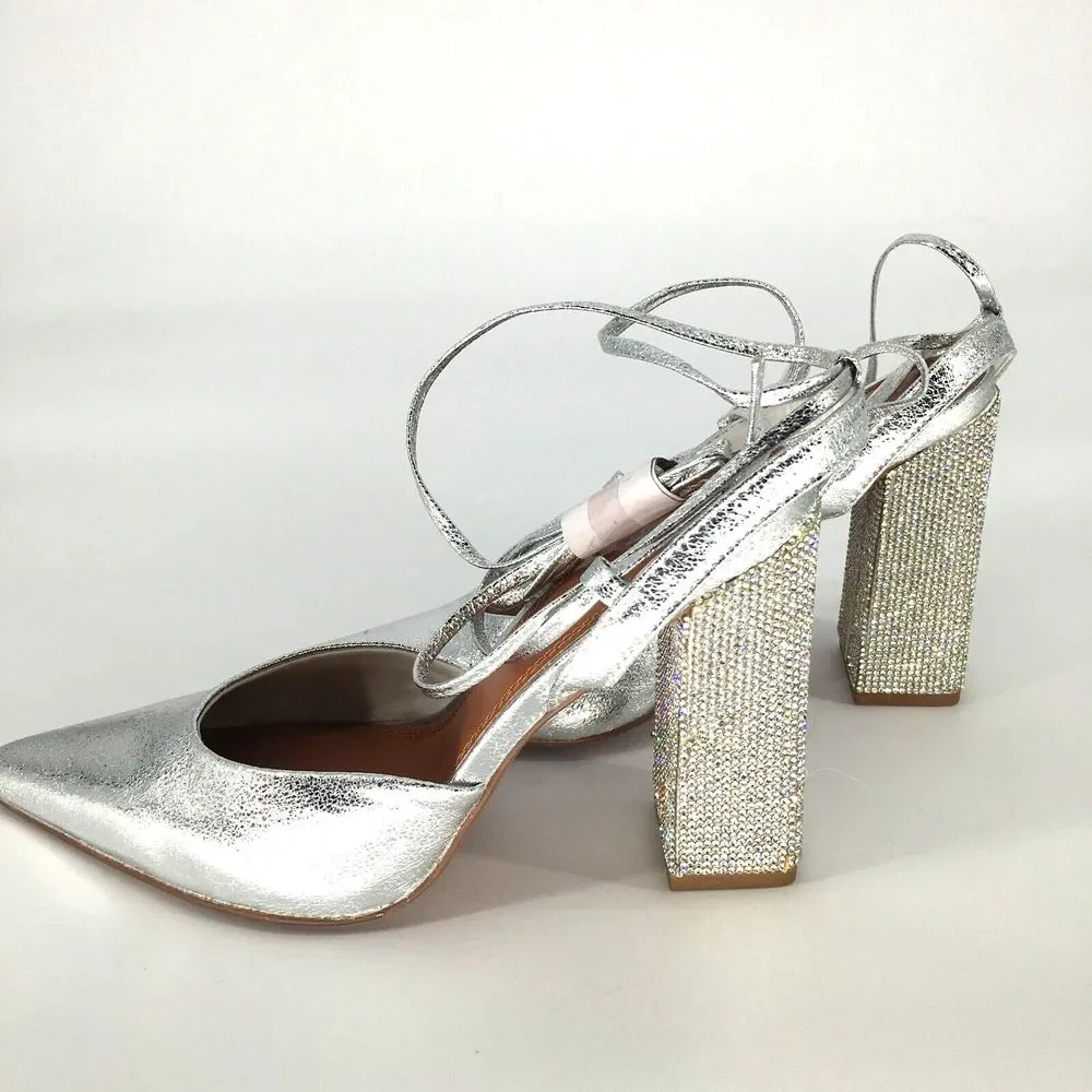 ASOS DESIGN Diamante embellished tie leg block heeled shoes in silver US 6